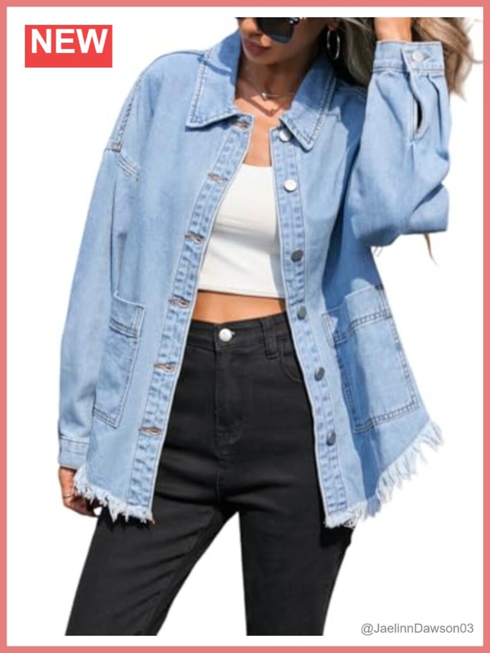 Womens Oversize Denim Shirt Jacket Frayed Hem Shacket Button Down Pockets